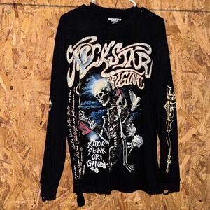 Rockstar Original Skeleton Graphic Tee Black Distressed T-shirt Grunge Punk L